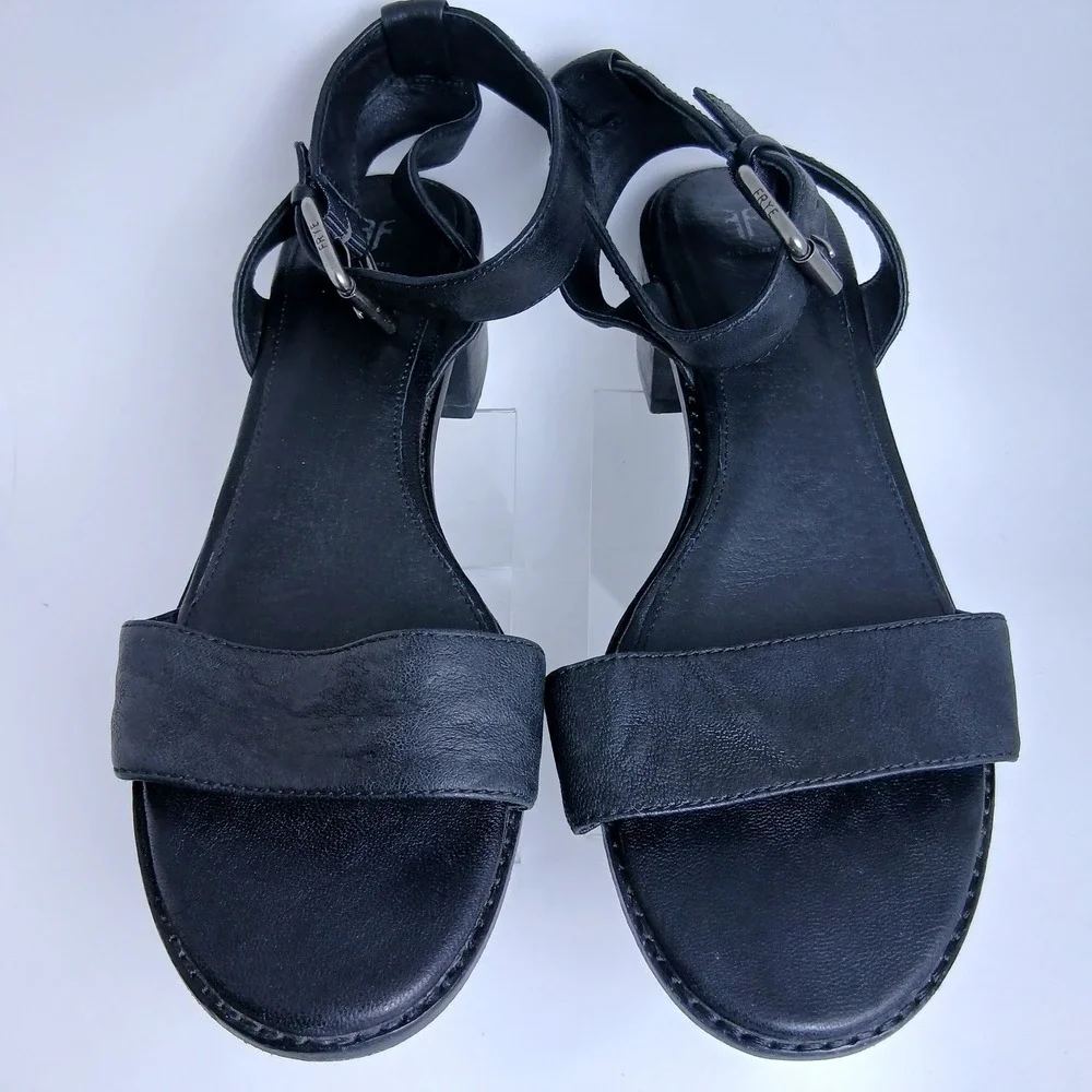 Frye Black Leather Block Heel Sandals 9 Minimalist Casual Classic Made Vietnam